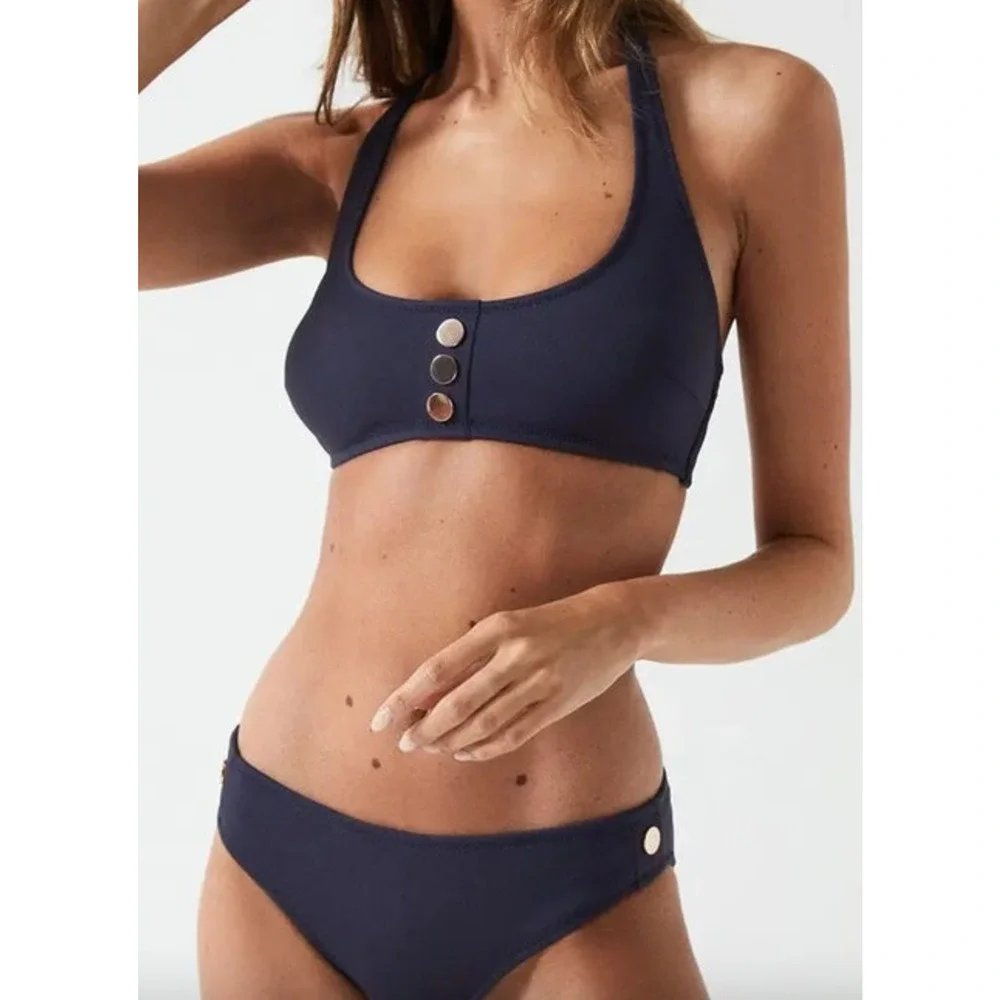 REISS Bathing Suit Top Size 6 NEW Navy Blue Bikini Halter Bailey Button Swimwear
